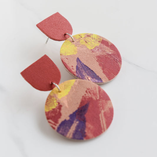 Hand painted and handmade, light weight and comfortable to wear all day long leather earrings. All our earring hooks are made with a high quality stainless steel and they are hypo allergenic. &nbsp;They will not tarnish or irritate your sensitive skin.

