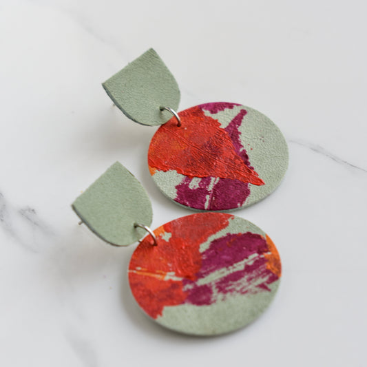 Hand painted and handmade, light weight and comfortable to wear all day long leather earrings. All our earring hooks are made with a high quality stainless steel and they are hypo allergenic. &nbsp;They will not tarnish or irritate your sensitive skin.

