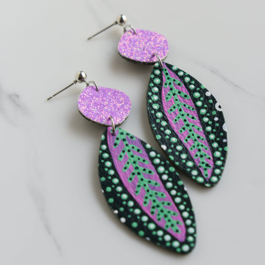 Hand painted and handmade, light weight and comfortable to wear all day long leather earrings. All our earring hooks are made with a high quality stainless steel and they are hypo allergenic. &nbsp;They will not tarnish or irritate your sensitive skin.

