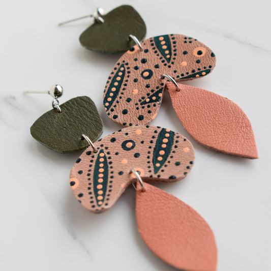 Hand painted and handmade, light weight and comfortable to wear all day long leather earrings. All our earring hooks are made with a high quality stainless steel and they are hypo allergenic. &nbsp;They will not tarnish or irritate your sensitive skin.

