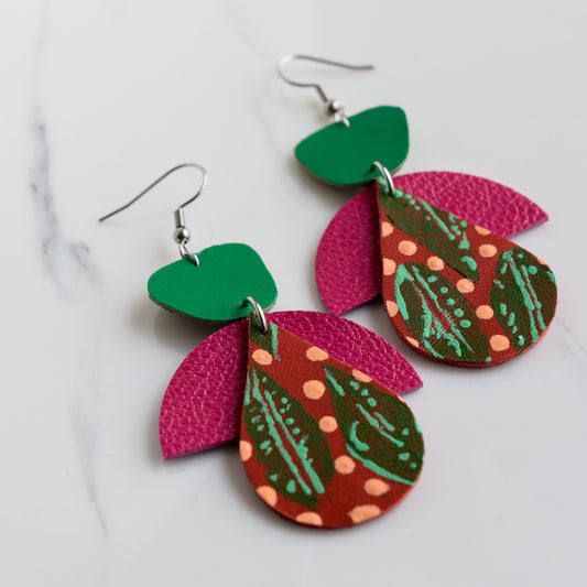 Hand painted and handmade, light weight and comfortable to wear all day long leather earrings. All our earring hooks are made with a high quality stainless steel and they are hypo allergenic. &nbsp;They will not tarnish or irritate your sensitive skin.

