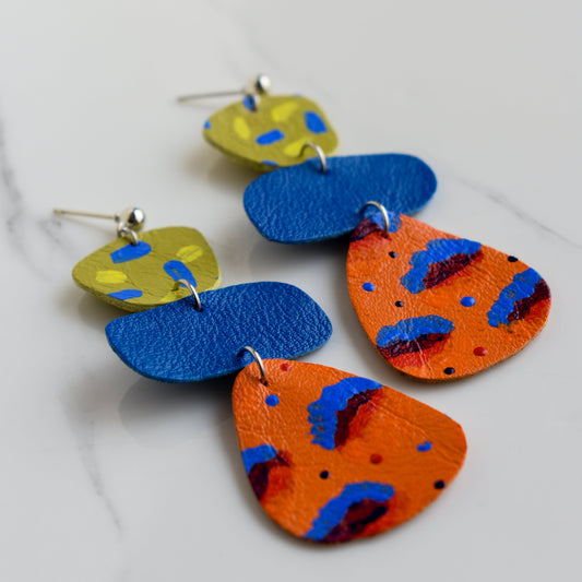 Hand painted and handmade, light weight and comfortable to wear all day long leather earrings. All our earring hooks are made with a high quality stainless steel and they are hypo allergenic. &nbsp;They will not tarnish or irritate your sensitive skin.

