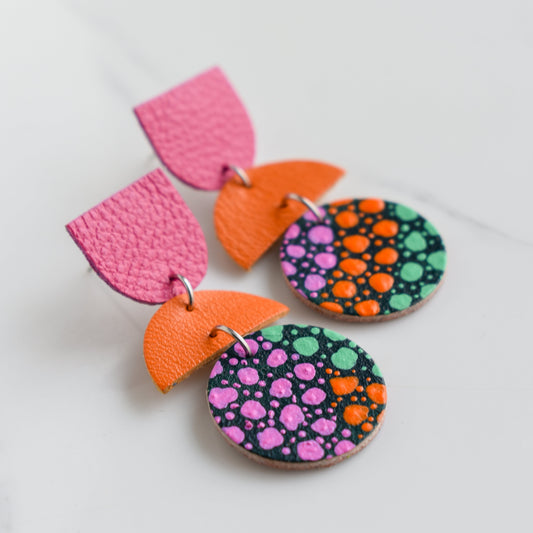 Hand painted and handmade, light weight and comfortable to wear all day long leather earrings. All our earring hooks are made with a high quality stainless steel and they are hypo allergenic. &nbsp;They will not tarnish or irritate your sensitive skin.

