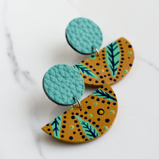 Hand painted and handmade, light weight and comfortable to wear all day long leather earrings. All our earring hooks are made with a high quality stainless steel and they are hypo allergenic. &nbsp;They will not tarnish or irritate your sensitive skin.

