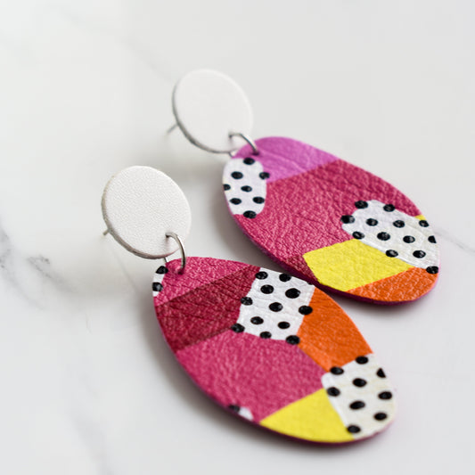 Hand painted and handmade, light weight and comfortable to wear all day long leather earrings. All our earring hooks are made with a high quality stainless steel and they are hypo allergenic. &nbsp;They will not tarnish or irritate your sensitive skin.

