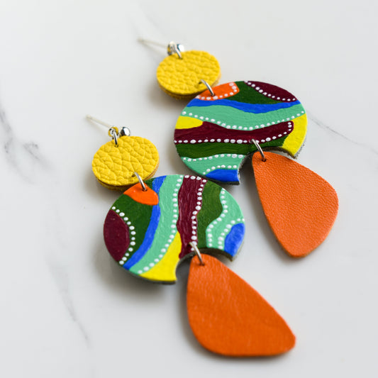 Hand painted and handmade, light weight and comfortable to wear all day long leather earrings. All our earring hooks are made with a high quality stainless steel and they are hypo allergenic. &nbsp;They will not tarnish or irritate your sensitive skin.

