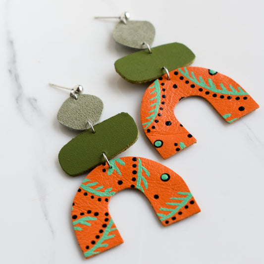 Hand painted and handmade, light weight and comfortable to wear all day long leather earrings. All our earring hooks are made with a high quality stainless steel and they are hypo allergenic. &nbsp;They will not tarnish or irritate your sensitive skin.


