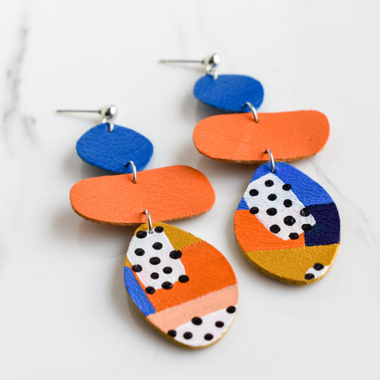 Hand painted and handmade, light weight and comfortable to wear all day long leather earrings. All our earring hooks are made with a high quality stainless steel and they are hypo allergenic. &nbsp;They will not tarnish or irritate your sensitive skin.

