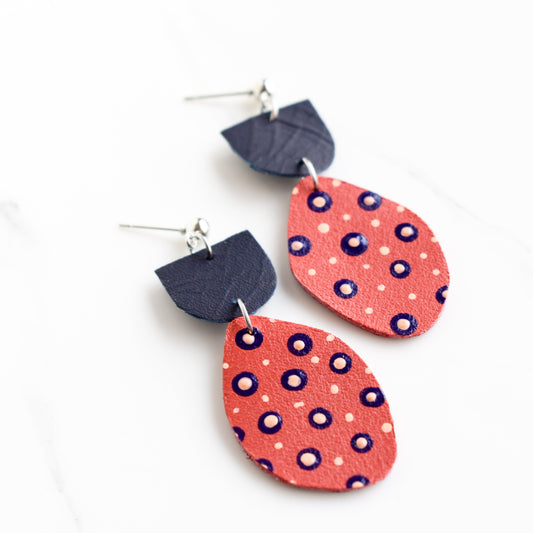 Hand painted and handmade, light weight and comfortable to wear all day long leather earrings. All our earring hooks are made with a high quality stainless steel and they are hypo allergenic. &nbsp;They will not tarnish or irritate your sensitive skin.

