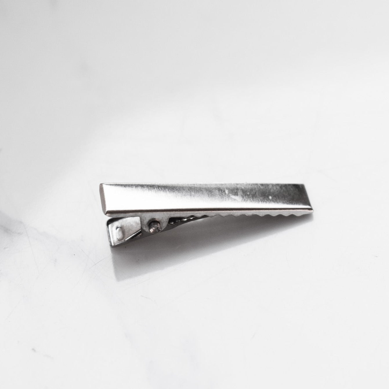 Silver coloured rectangle alligator hair clips.