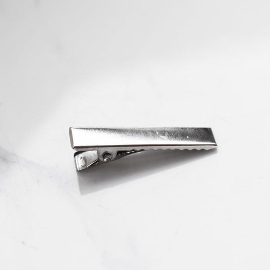 Silver coloured rectangle alligator hair clips.